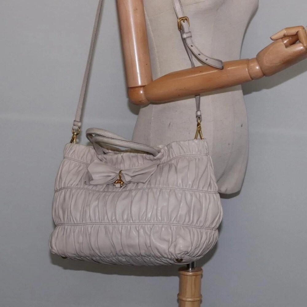 PRADA Gathered Hand Bag Leather 2way Beige Gold Auth BA5654